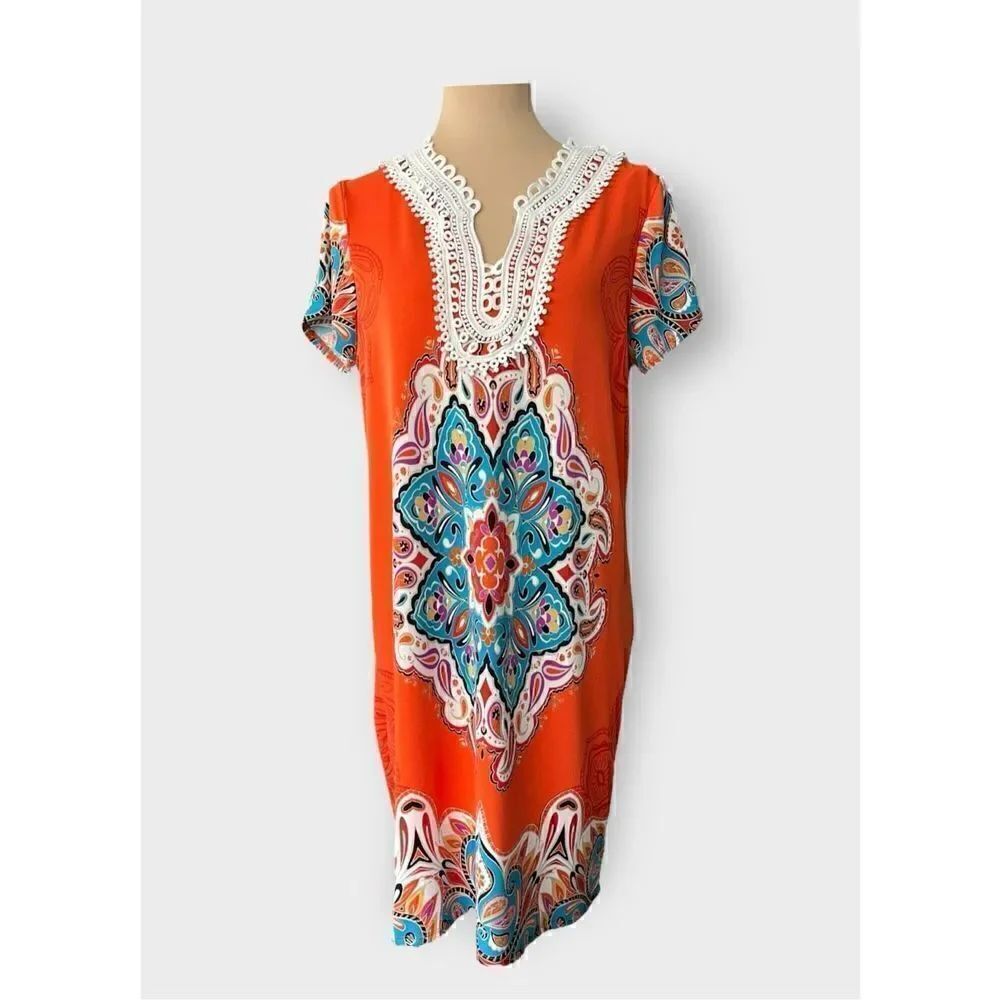 Melissa Paige Women’s Mulicolor Paisley on Orange Dress with Embroidered Detail